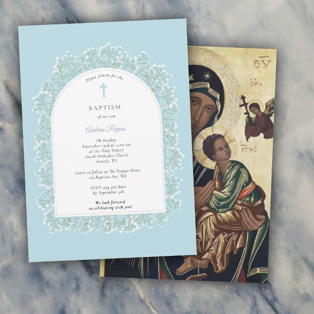 Convite Baby's Breath Greek Orthodox Baptism Blue Boy (Baby's Breath Greek Orthodox Baptism Blue Boy Invitation)