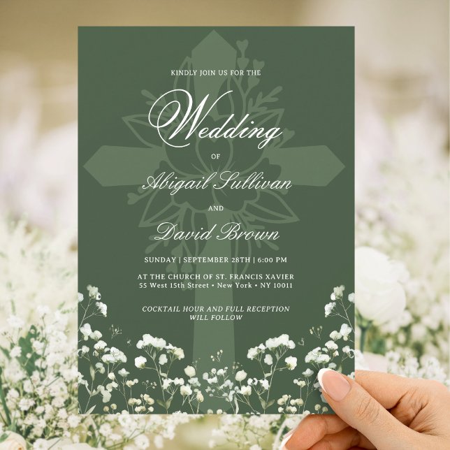 Convite Baby's Breath on Sage Green Religious Wedding (Criador carregado)