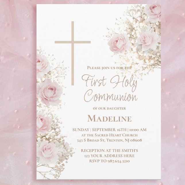 Convite Baby's Breath pink roses First Holy Communion (Criador carregado)