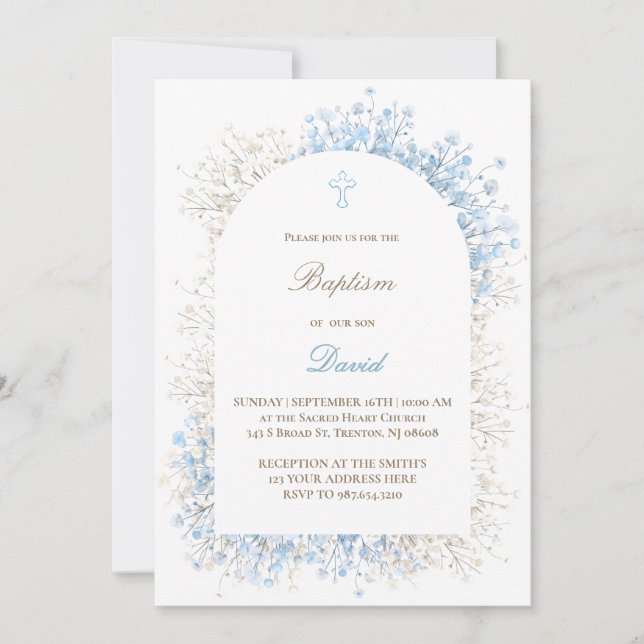 Convite Baby's Breath white blue baby boy Baptism (Frente)
