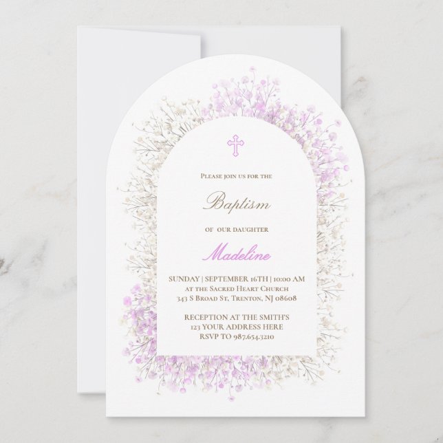 Convite Baby's Breath white lilac baby girl Baptism (Frente)
