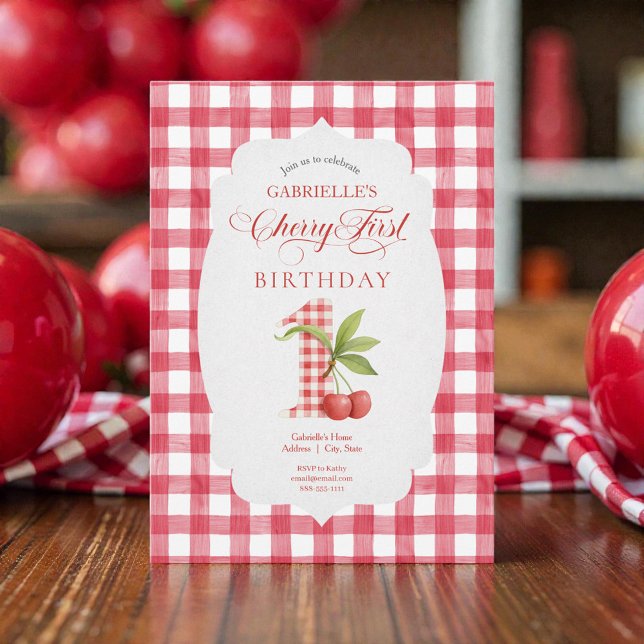 Convite Baby's Cherry First Red Gingham Birthday (Criador carregado)
