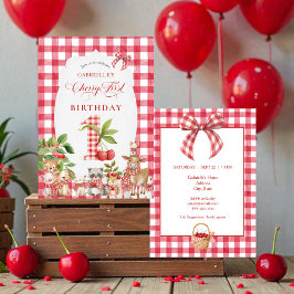Convite Baby's Cherry First Red Gingham Birthday
