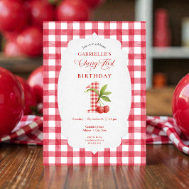 Convite Baby's Cherry First Red Gingham Birthday