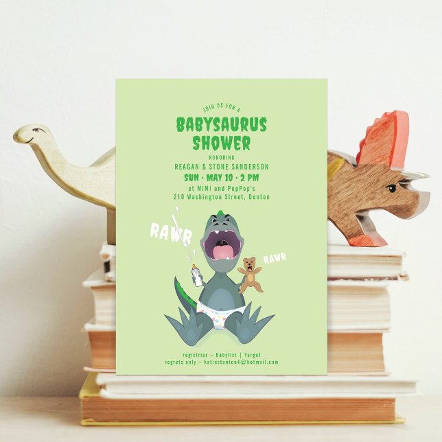 Convite Babysaurus T-rex Green Baby Shower Invitation (Criador carregado)