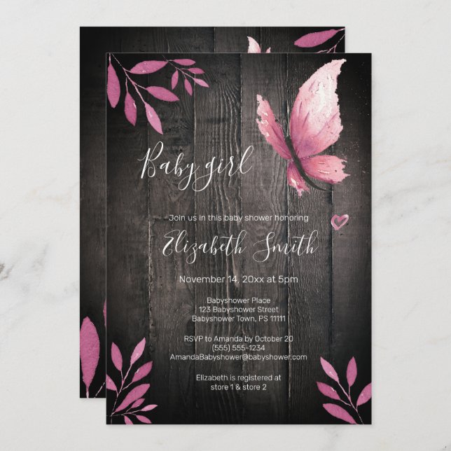 Convite Babyshower, borboleta rosa-d'água russa (Frente/Verso)