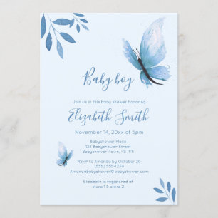 Convite Babyshower floral de borboleta azul-aquarela