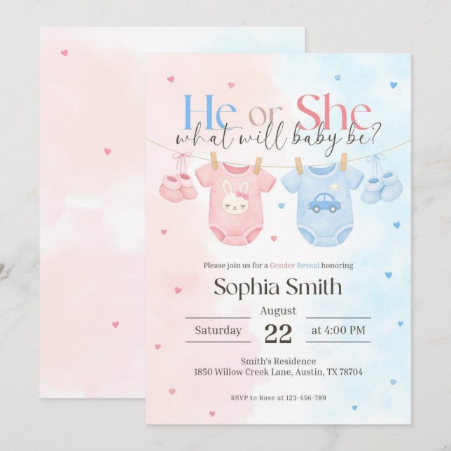 Convite Babyshower Invite, Gender Reveal Invitation (Frente/Verso)
