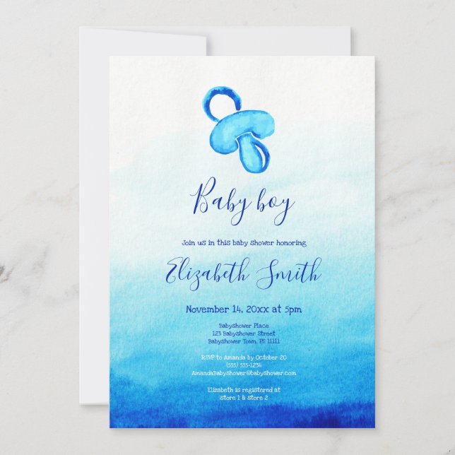 Convite Babyshower pacificador azul-aquarela (Frente)