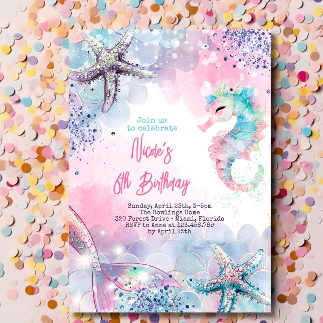 Convite Baça de aniversário de sereia magia submarina (Criador carregado)