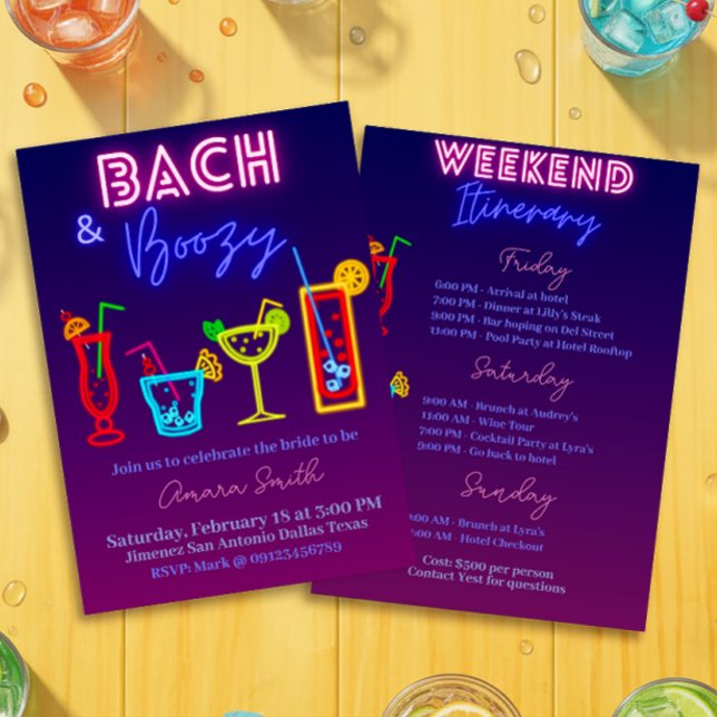 Convite Bach e Solteira Bebedora com Itinerário (Bach and Boozy Bachelorette with Itinerary Invitation)