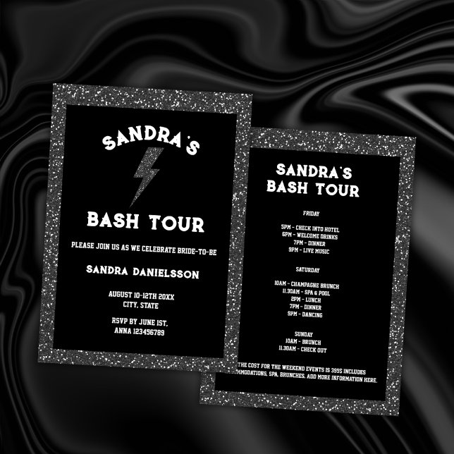 Convite Bach Tour Black Rock and Roll Bachelorette Weekend (rock bachelorette party invitation weekend itinerary bach tour black gliter)