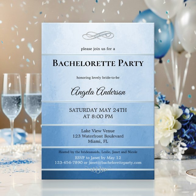 Convite Bachelorette Azul-Cinzento (Bachelorette party invitation featuring a blue tone on tone striped design with a silver lining)