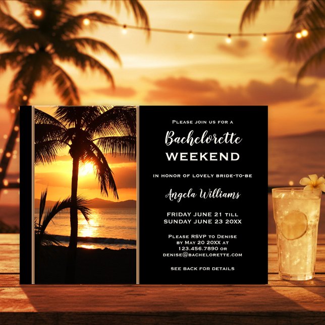 Convite Bachelorette Beach Weekend Itinerary  (Beach bachelorette weekend itinerary template featuring a sunset at a tropical beach with palm trees)