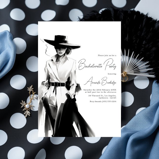 Convite Bachelorette Branca e Negra Estética de Dinheiro A (Old Money Aesthetic Black and White Bachelorette Invitation)