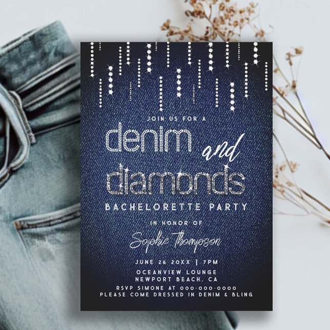 Convite Bachelorette Chic Clássica de Glam de Ouros Denim (denim and diamonds bachelorette party glam glitter drippings ladies night out country party classy)