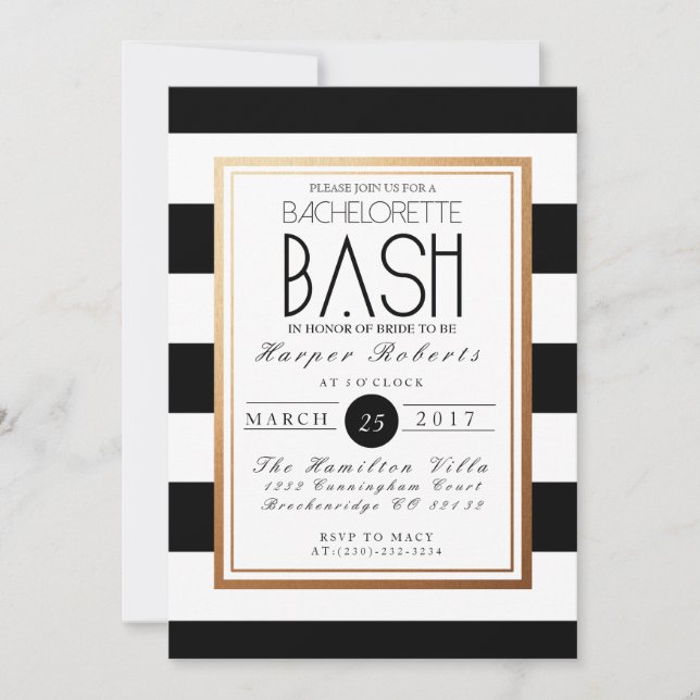Convite Bachelorette Chic & Formal Bash | Dourado e preto (Frente)