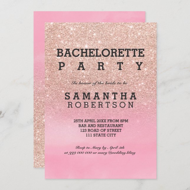 Convite Bachelorette cor-de-água rosa com rosa dourado (Frente/Verso)