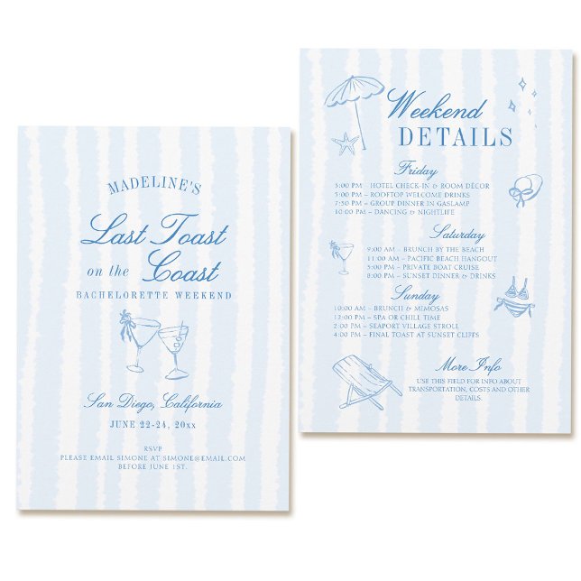 Convite Bachelorette Costeira Última Tiras Desenhadas De M (coastal bachelorette party invitation last toast on the coast hand drawn stripes blue itinerary)