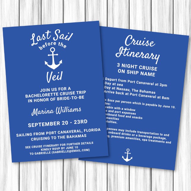 Convite Bachelorette Cruise Última Vela Antes Da Ancoragem (Last sail before the veil anchor invitation for a bachelorette cruise. Front and back. )