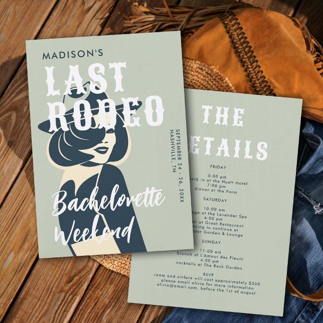 Convite Bachelorette da Última Rapariga do Glam Rodeio (last rodeo bachelorette weekend invitation itinerary retro vintage elegant glam cowgirl sage green)