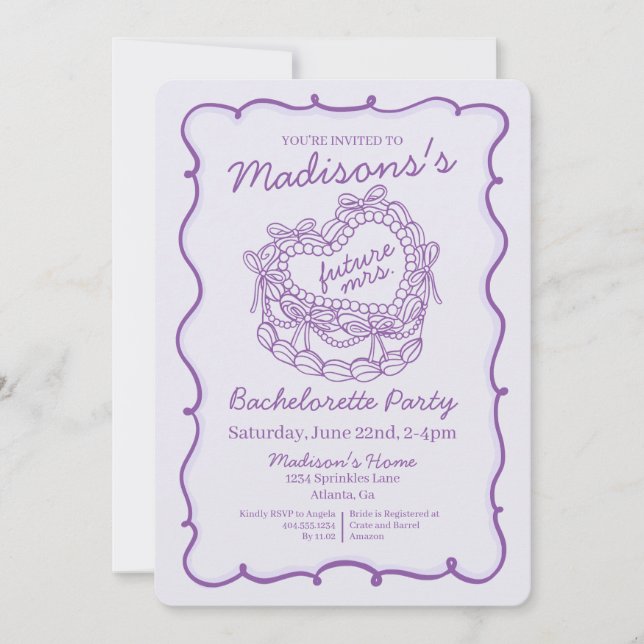 Convite Bachelorette de Bolo Retro Cardíaco com Arco Roxo (Frente)
