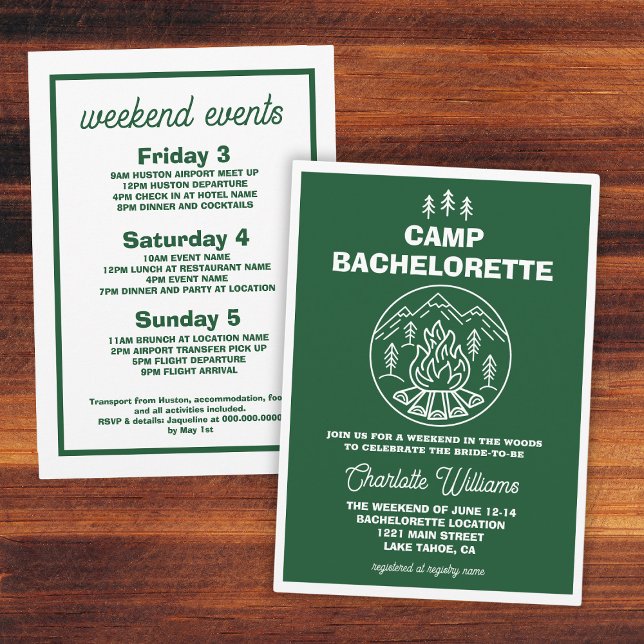 Convite Bachelorette de Camp White Weekend Verde (Green White Weekend Camp Bachelorette Invitation
)