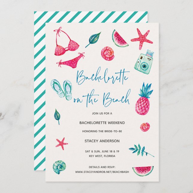 Convite Bachelorette de Destino de Praia de Diversão (Frente/Verso)