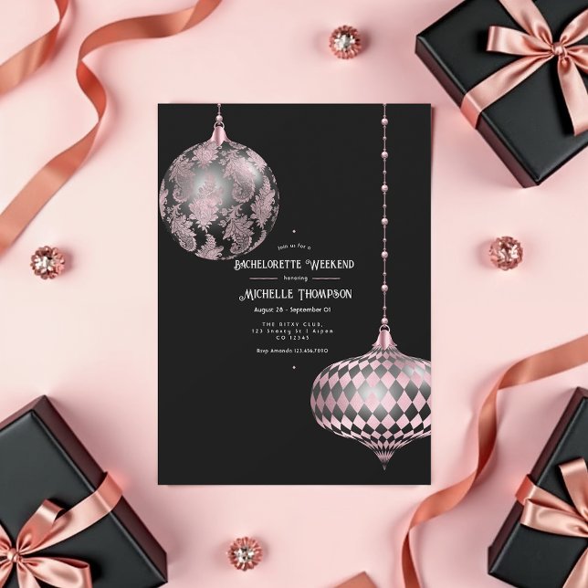 Convite Bachelorette de Natal Dourada, Escamuflada e Preta (Rose Gold and Blush Christmas Bachelorette Party Invitation)