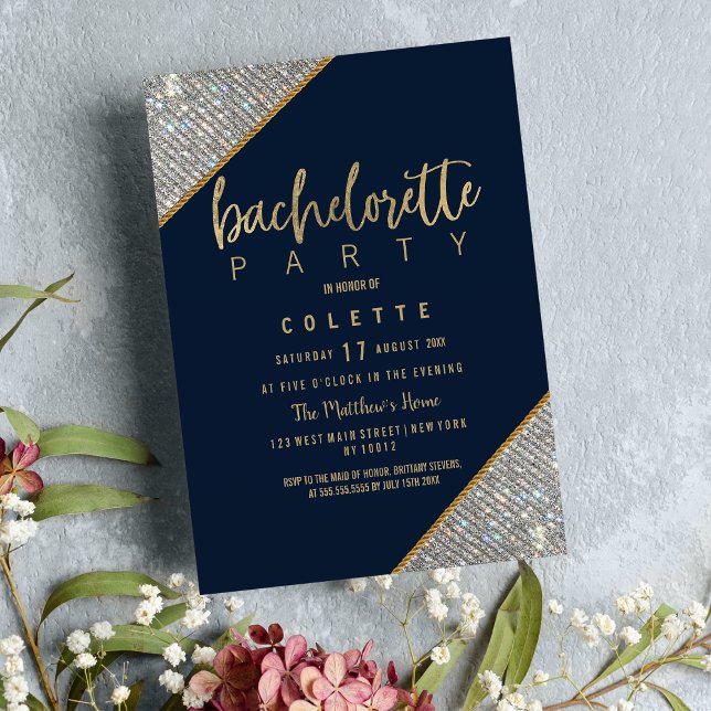 Convite Bachelorette de ouro azul-marinho Elegante (Elegant navy blue gold silver glitter Bachelorette Invitation)