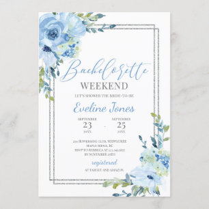 Convite Bachelorette de prata floral azul de Boho