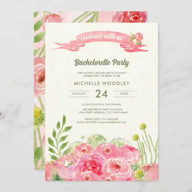 Convite Bachelorette de Rosas de Aquarela Romântica (Frente/Verso)