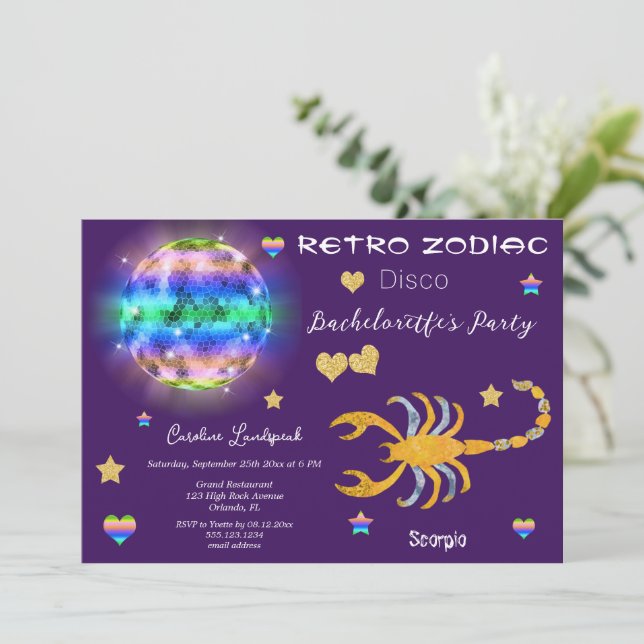 Convite Bachelorette de Sinal Zodiac do Disco Retroativo (Em pé/Frente)
