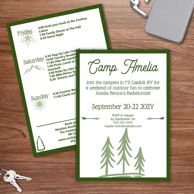 Convite Bachelorette do Campo Russo Moderno Verde Itinerár (Camp Bachelorette Invitation with Weekend Itinerary)