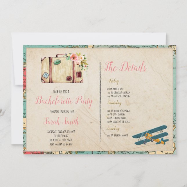 Convite Bachelorette do tema do viagem com tem do partido (Frente)