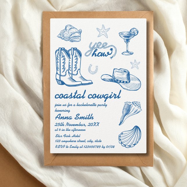 Convite Bachelorette Escrita Mão Azul Cowgirl Costeira (coastal cowgirl bachelorette party invitation)