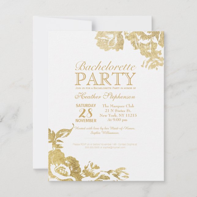 Convite Bachelorette Floral Dourada Simples Elegante (Frente)