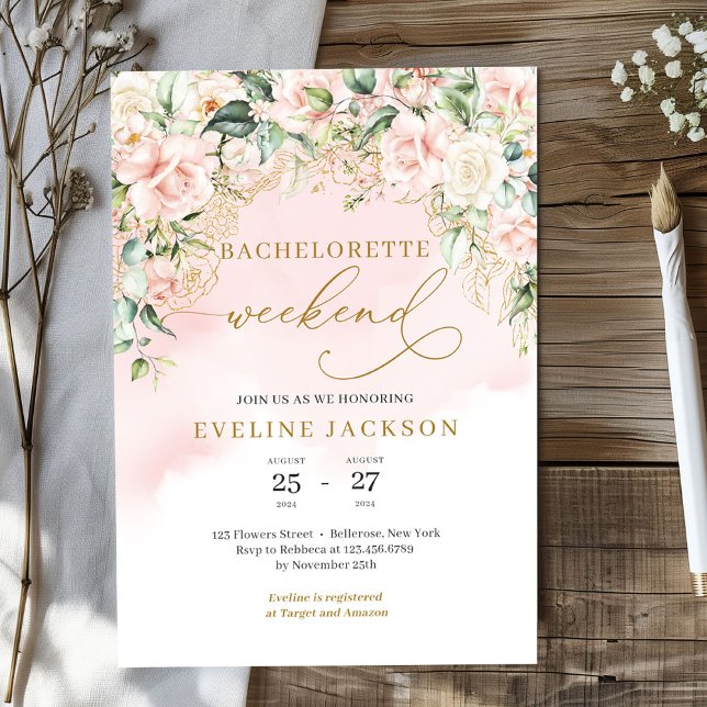 Convite Bachelorette fluorescente de ouro floral de modern (Elegant blush pink roses eucalyptus gold sparkles bachelorette weekend invitation template)
