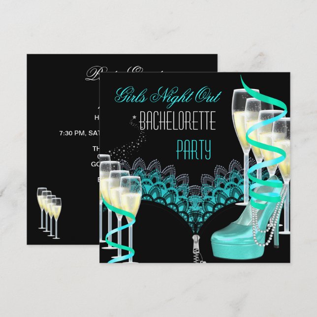 Convite Bachelorette Girls Night Out Teal Blue Champagne (Frente/Verso)