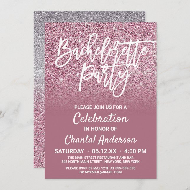 Convite Bachelorette Glitter Ombre de plástico rosa (Frente/Verso)