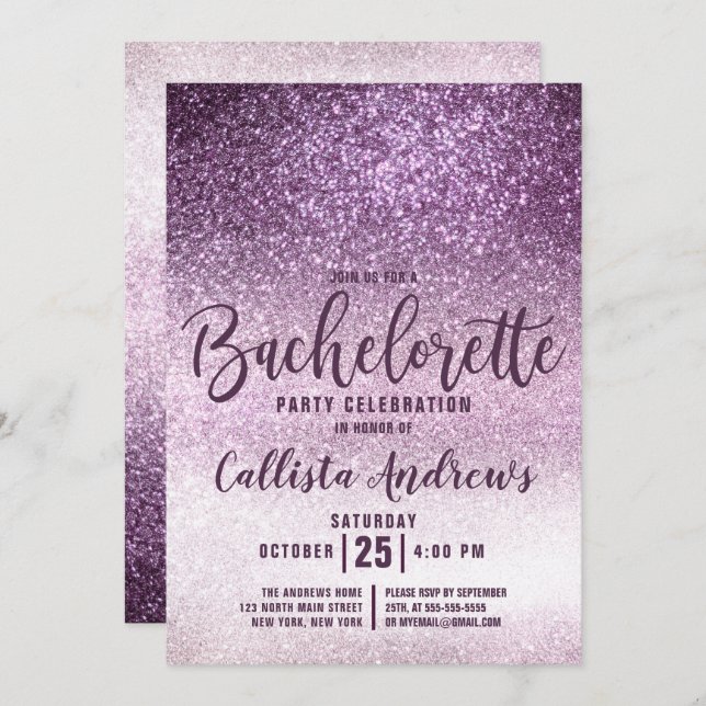 Convite Bachelorette Glitter Roxo-Roxo (Frente/Verso)