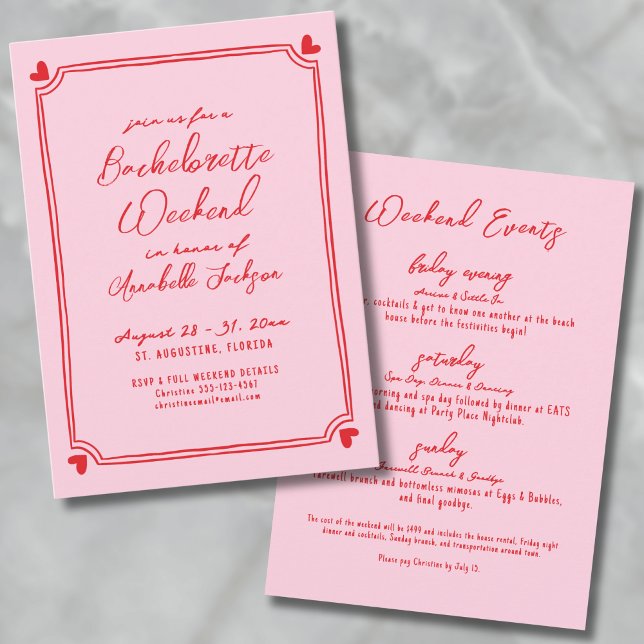 Convite Bachelorette Itinerária De Fim De Semana De Menina (Pink And Red Girls Weekend Itinerary Bachelorette Invitation)