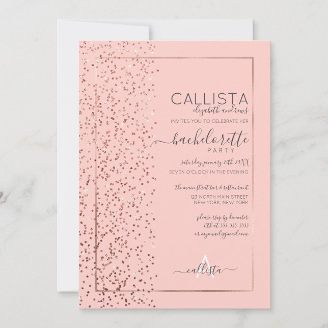 Convite Bachelorette Lado de Confetti Rosa Rosa Rosa Doura (Frente)
