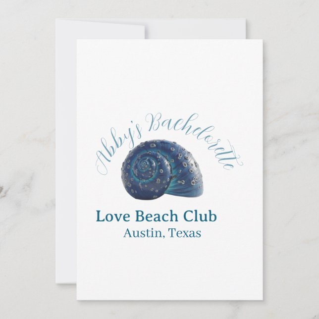 Convite Bachelorette party beach club blue sea shell name  (Frente)