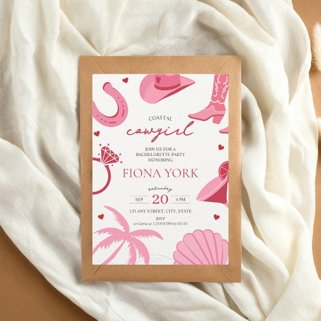 Convite Bachelorette Rosa e Vermelha (Coastal Cowgirl Bachelorette Party Invitation)