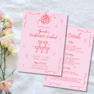 Convite Bachelorette rosa e vermelho ilustrado desenhado à