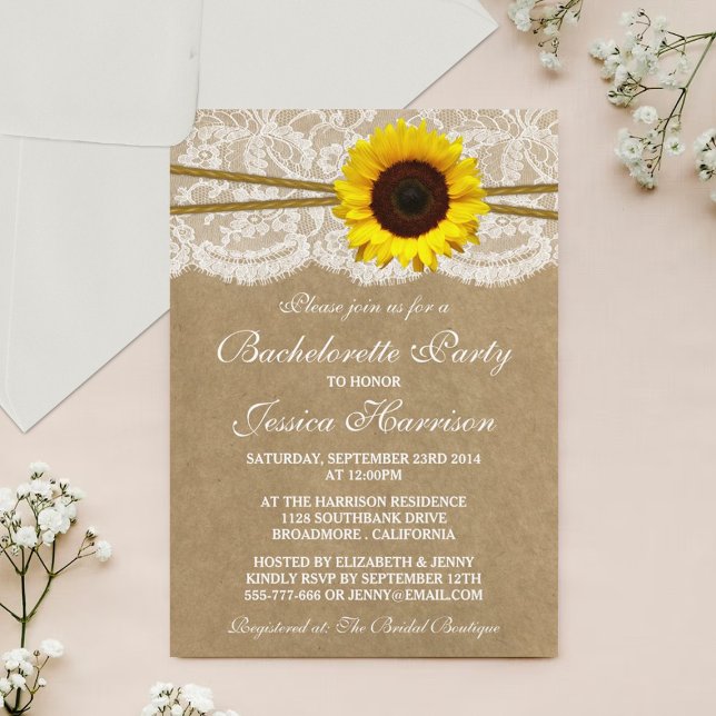 Convite Bachelorette Rustic Sunflower Kraft, Lace & Twine (Criador carregado)