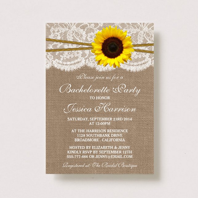 Convite Bachelorette Rustic Sunflower, Lace & Twine (Criador carregado)