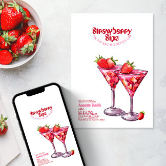 Convite Bachelorette Strawberry Sips Cocktail Partido Rosa
