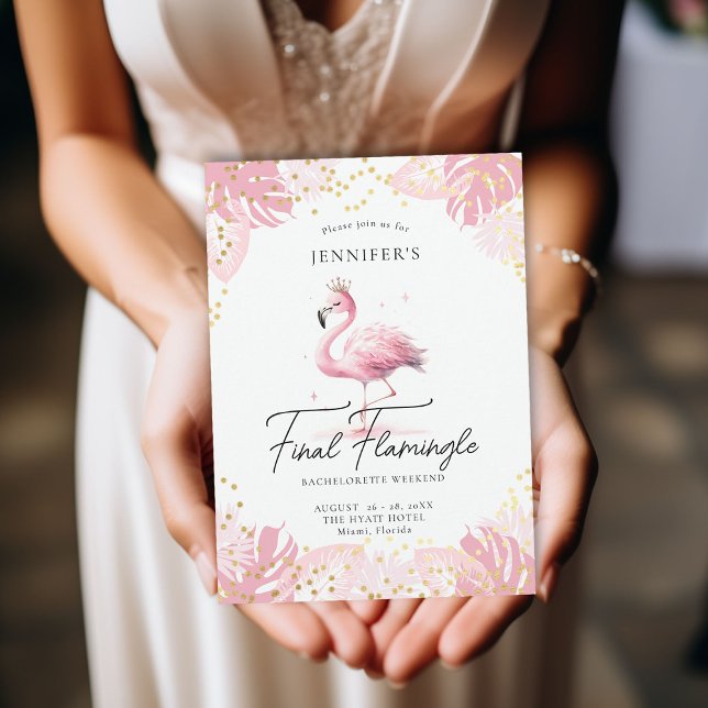 Convite Bachelorette Tropical Rosa Flamingle Itinerário (final flamingle bachelorette party invitation itinerary pink flamingo tropical leaf fun watercolor)